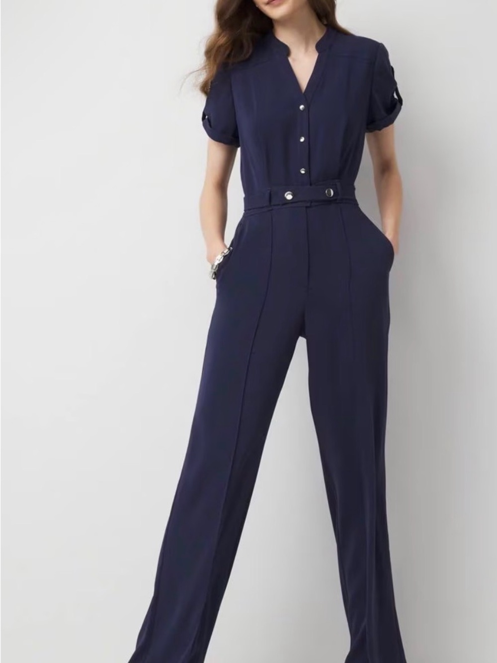 White House Black Market Navy Short-Sleeve Belted Jumpsuit
